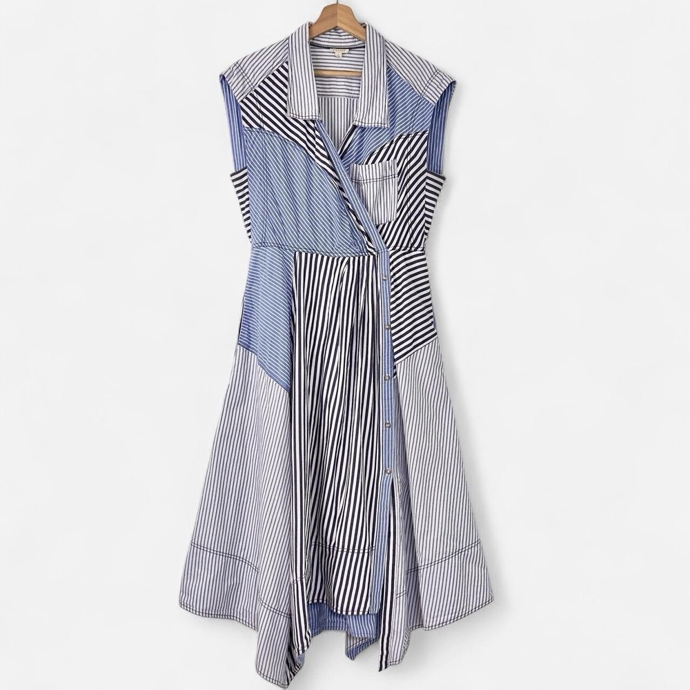 Anthropologie Pilcro Asymmetrical Patchwork Blue Button Wrap Shirt Dress L